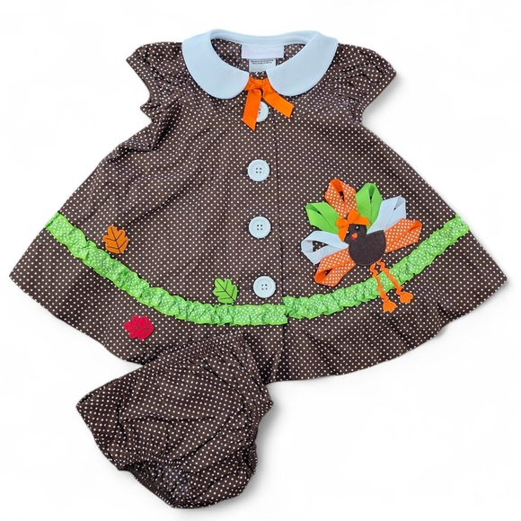 Bonnie Baby Other - Bonnie Baby Turkey Trapeze 2-Piece Dress Set Brown Polka Dot 6–9M Thanksgiving